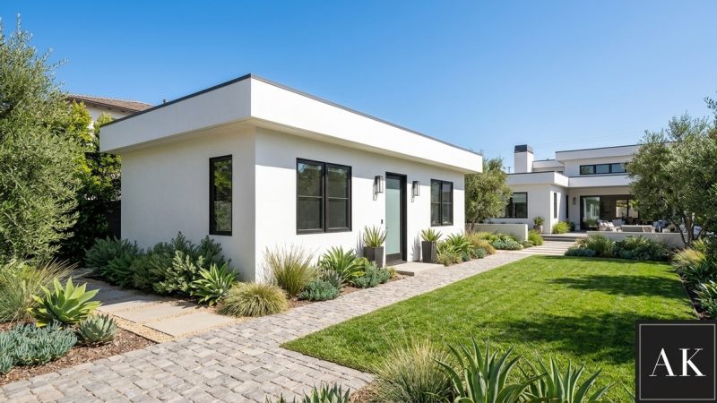 Modern white ADU with black windows and door, a green lawn, and drought-tolerant landscaping.