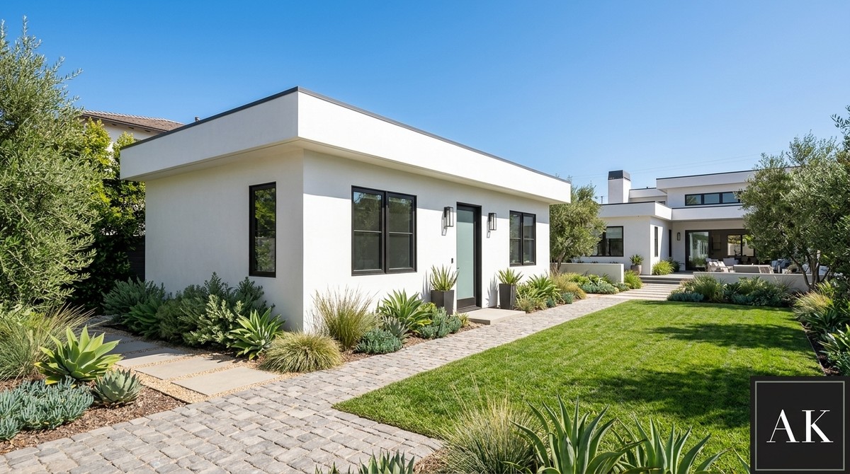 Modern white ADU with black windows and door, a green lawn, and drought-tolerant landscaping.