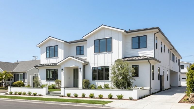 Modern white multi-family home with black-framed windows, a driveway, and landscaped front yard under a clear sky.