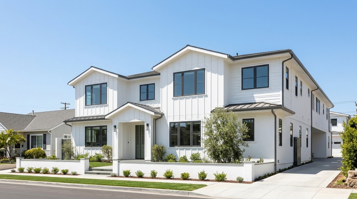 Modern white multi-family home with black-framed windows, a driveway, and landscaped front yard under a clear sky.