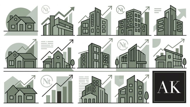 A grid of houses and buildings with upward-trending graphs, symbolizing California real estate investing growth.