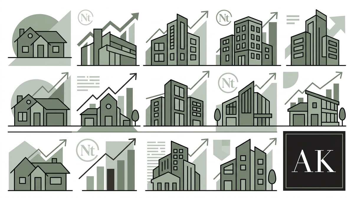 A grid of houses and buildings with upward-trending graphs, symbolizing California real estate investing growth.