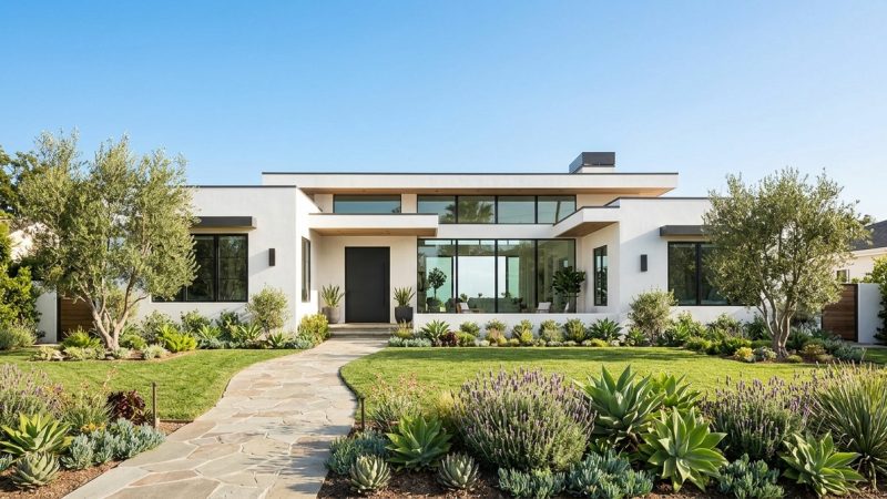 Modern white Southern California home with large windows, a stone path, green lawn, and drought-tolerant landscaping.