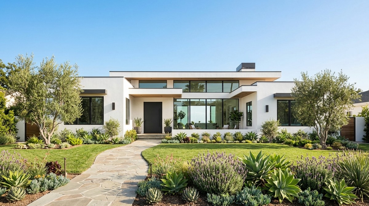 Modern white Southern California home with large windows, a stone path, green lawn, and drought-tolerant landscaping.