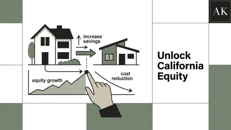 Diagram showing a large house leading to a smaller house, increasing savings, and reducing costs after equity growth.