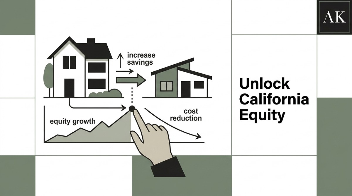 Diagram showing a large house leading to a smaller house, increasing savings, and reducing costs after equity growth.