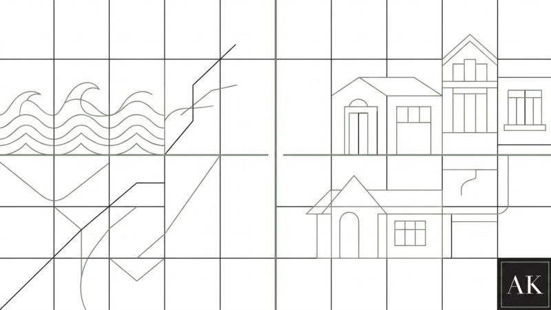 Grid of thin lines, with waves on the left and various house outlines on the right, AK logo.