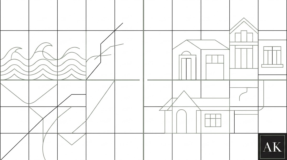 Grid of thin lines, with waves on the left and various house outlines on the right, AK logo.