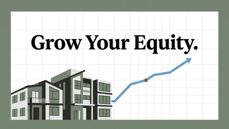 Grow Your Equity." text above a multi-family building and an upward trending blue line graph.