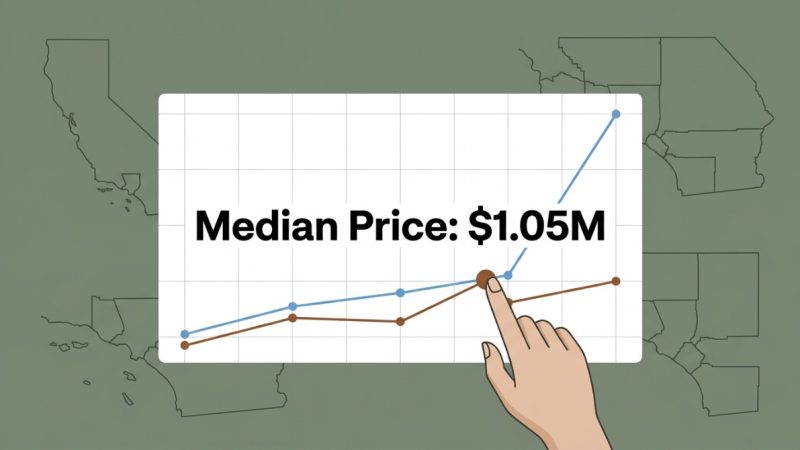 A hand points to a graph showing California real estate investing median price at $1.05M, over a map of California.