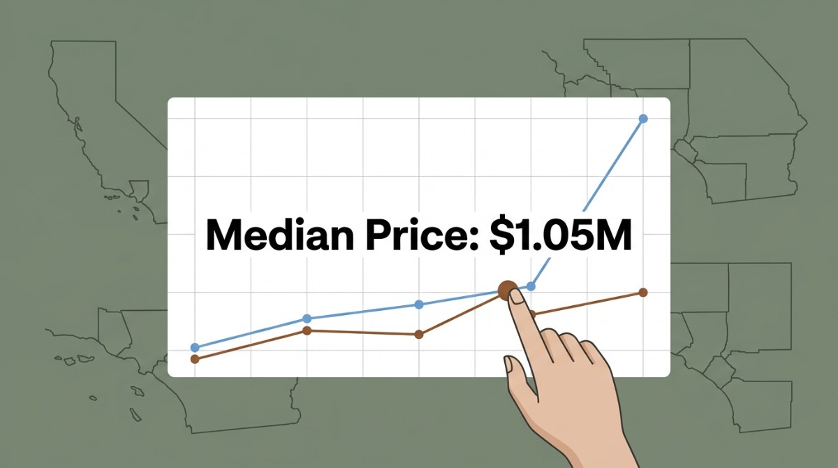 A hand points to a graph showing California real estate investing median price at $1.05M, over a map of California.