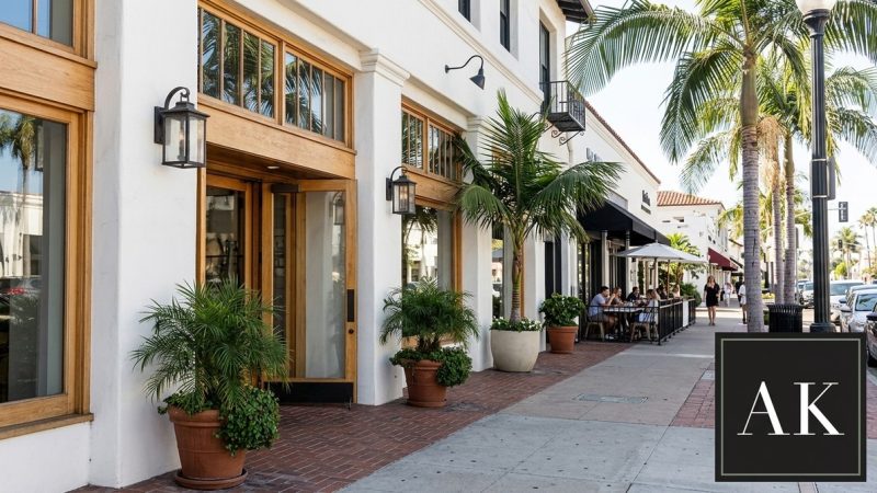 A white building with wooden framed windows and doors, potted plants, and an outdoor cafe in California.
