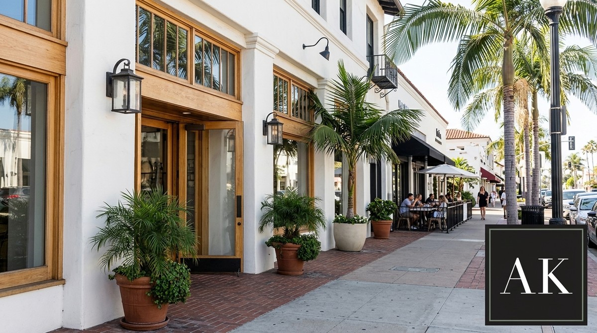 A white building with wooden framed windows and doors, potted plants, and an outdoor cafe in California.
