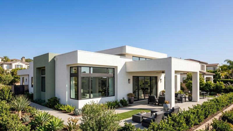 Modern white and green stucco house with large windows, a patio, and lush landscaping under a clear sky.