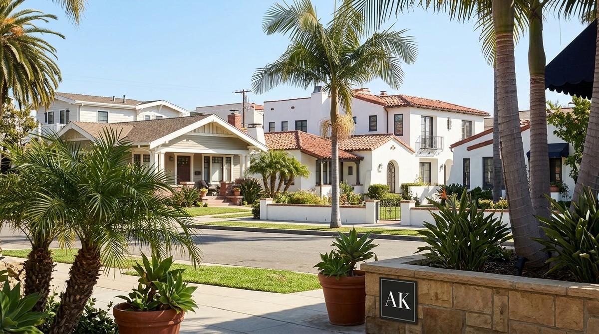 Residential street in San Diego with palm trees, Craftsman, and Spanish-style homes under a clear sky.