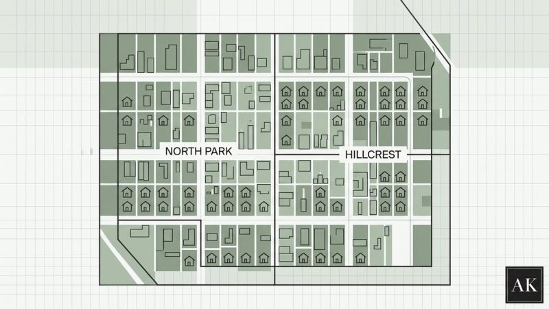Map of North Park and Hillcrest with blocks of houses and buildings, some with ADUs.