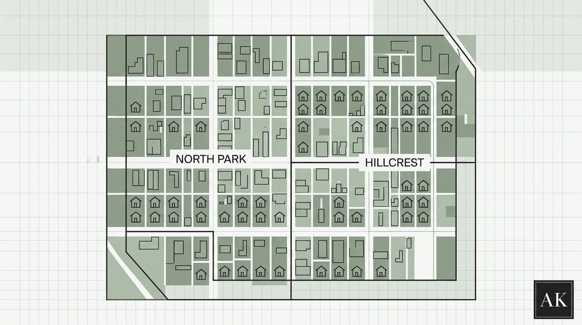 Map of North Park and Hillcrest with blocks of houses and buildings, some with ADUs.