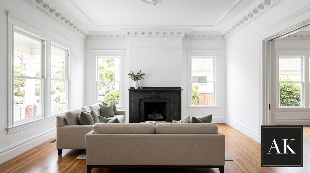 A bright living room in a historic home in Mission Hills with white walls, ornate crown molding, and a black fireplace.