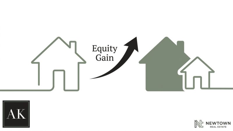 A house outline on the left, an arrow with "Equity Gain" points to a house with an ADU on the right.