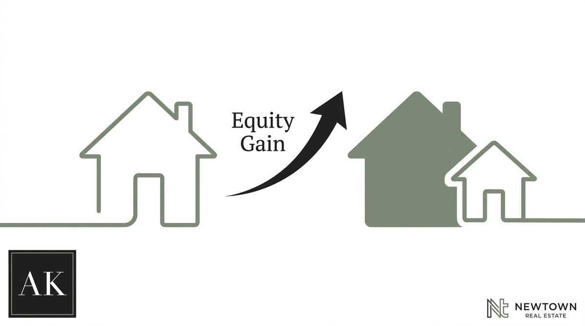 A house outline on the left, an arrow with "Equity Gain" points to a house with an ADU on the right.