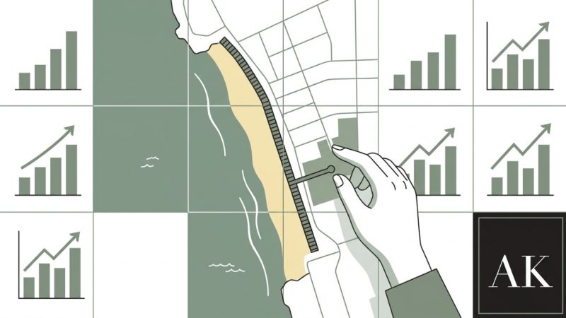 A hand points to a Pacific Beach rental property on a map with a beach, ocean, and street grid. Bar graphs with upward arrows