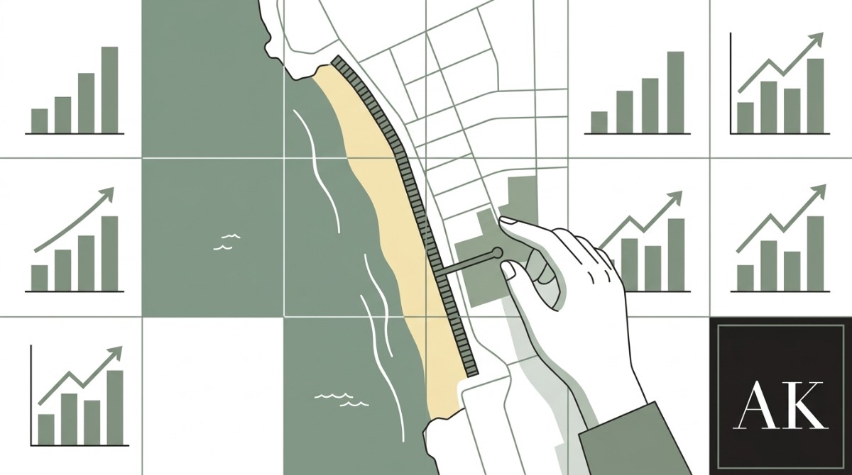 A hand points to a Pacific Beach rental property on a map with a beach, ocean, and street grid. Bar graphs with upward arrows