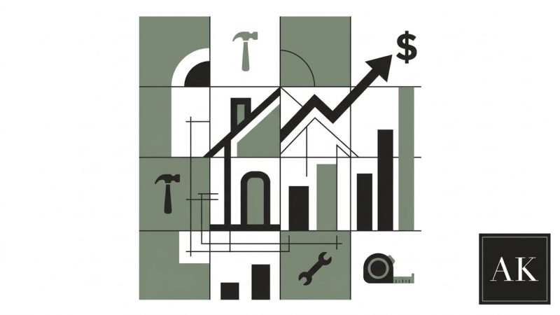 Abstract grid of home renovation tools, a house, and an upward trending graph with a dollar sign.