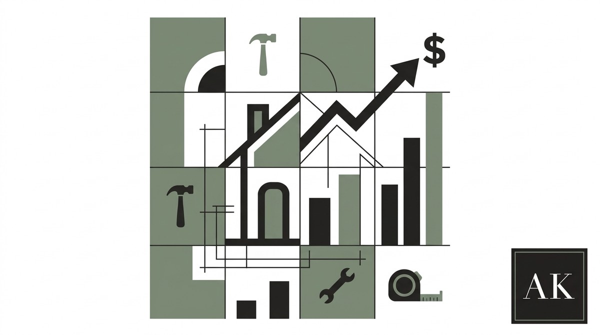 Abstract grid of home renovation tools, a house, and an upward trending graph with a dollar sign.