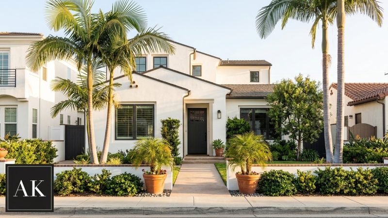 A modern white house with a dark gray front door, lush green landscaping, and palm trees.