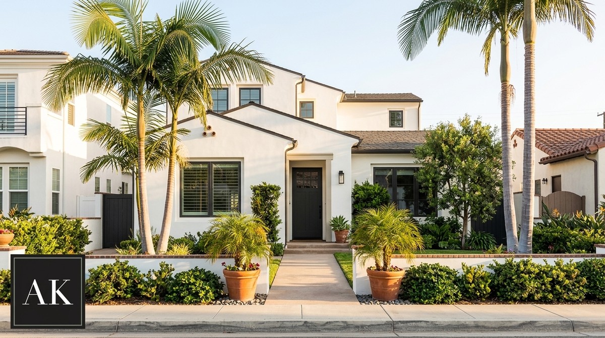 A modern white house with a dark gray front door, lush green landscaping, and palm trees.