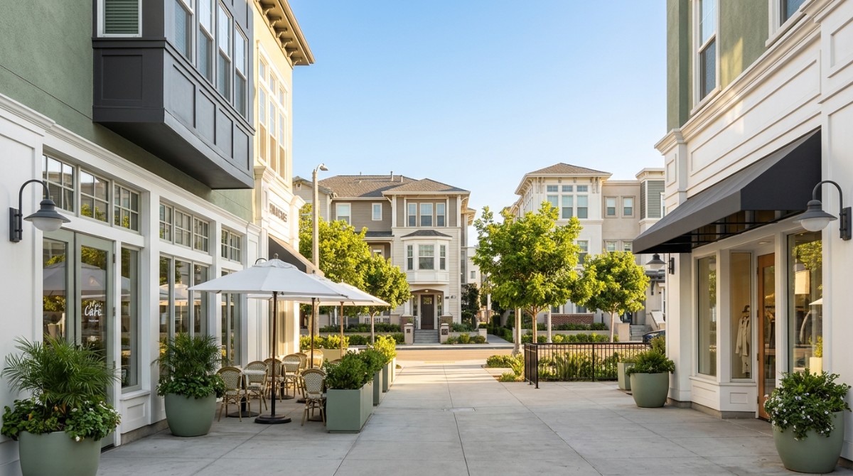 A wide pedestrian walkway lined with cafes, shops, and modern townhouses under a clear sky.