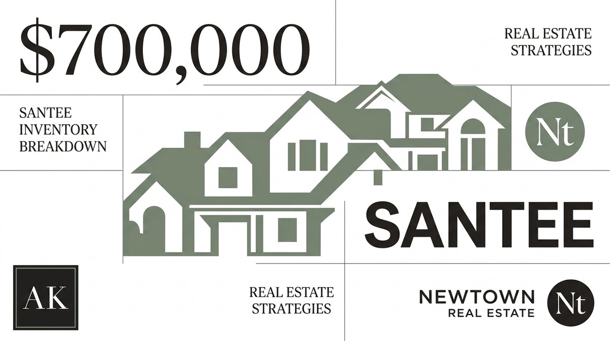 Graphic with $700,000, Santee, and Real Estate Strategies text, plus green house silhouettes.