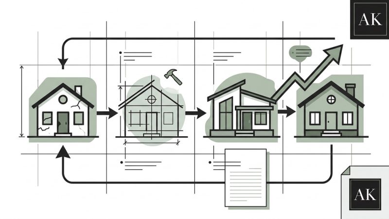 Illustration of a BRRRR method flowchart: a rundown house, blueprints, renovated house, then a sold house with an upward arro