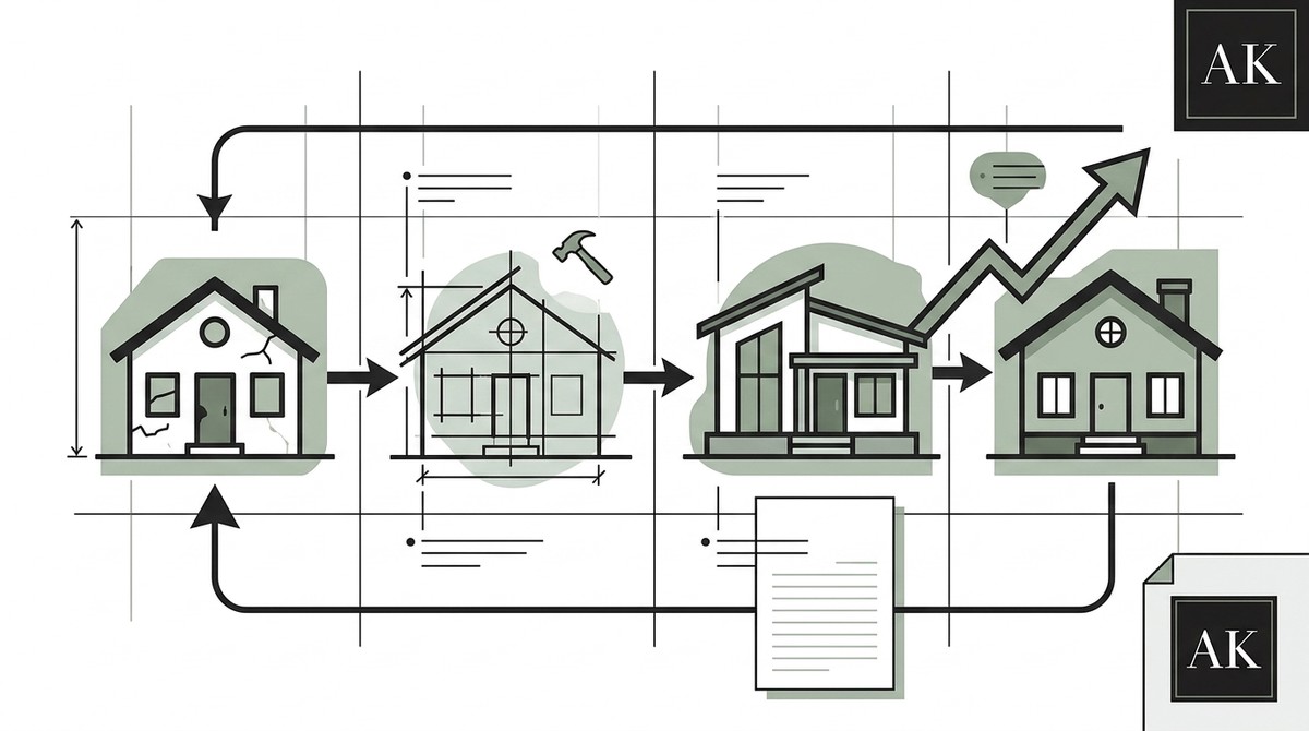 Illustration of a BRRRR method flowchart: a rundown house, blueprints, renovated house, then a sold house with an upward arro