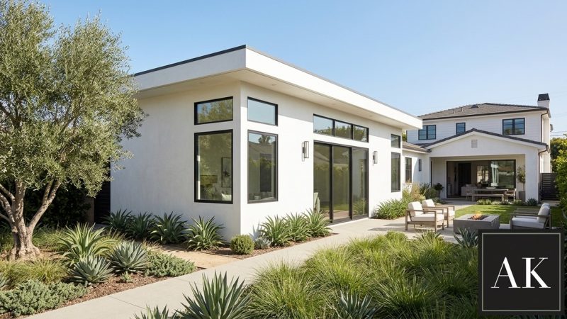 Modern white ADU with black-framed windows and sliding doors, next to a main house and landscaped yard.
