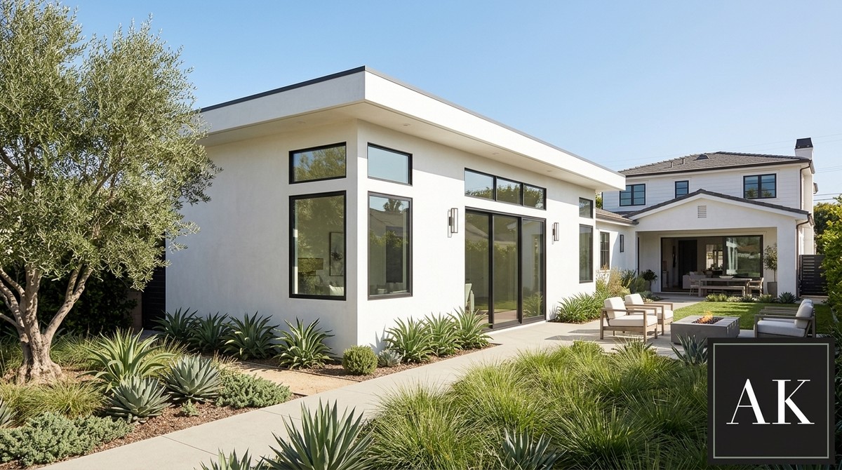 Modern white ADU with black-framed windows and sliding doors, next to a main house and landscaped yard.