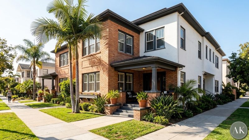 A two-story brick and white multi-family building with palm trees, green lawns, and a sidewalk.
