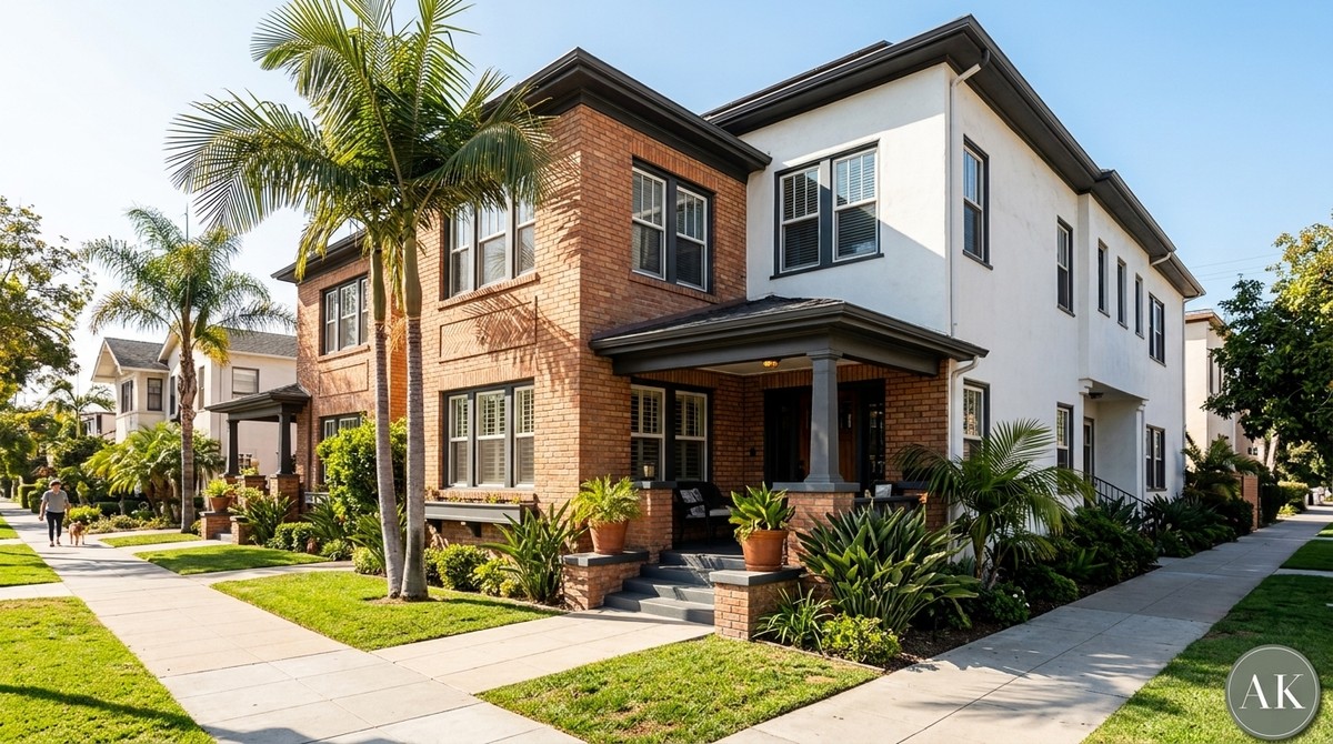 A two-story brick and white multi-family building with palm trees, green lawns, and a sidewalk.