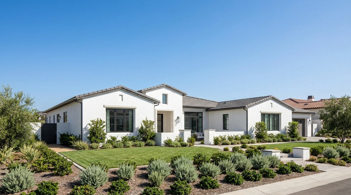 Modern white stucco house with dark-framed windows, a green lawn, and landscaped shrubs under a clear blue sky.