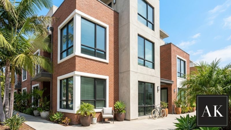 Modern brick and stucco building with large windows, palm trees, and potted plants, ideal for California real estate investin