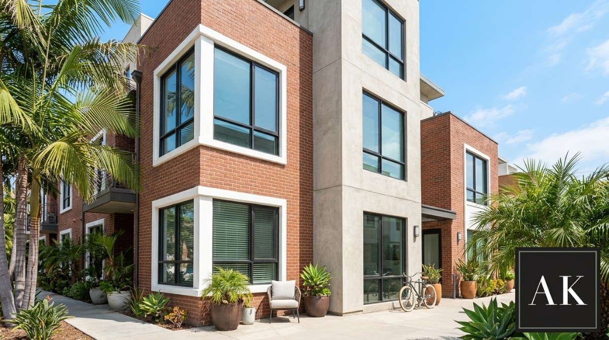 Modern brick and stucco building with large windows, palm trees, and potted plants, ideal for California real estate investin
