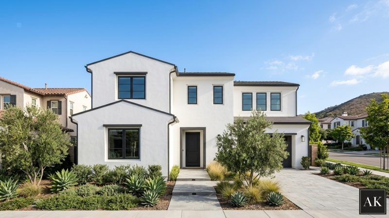Modern white house with black trim, drought-tolerant landscaping, and a paved driveway in Rancho Bernardo.