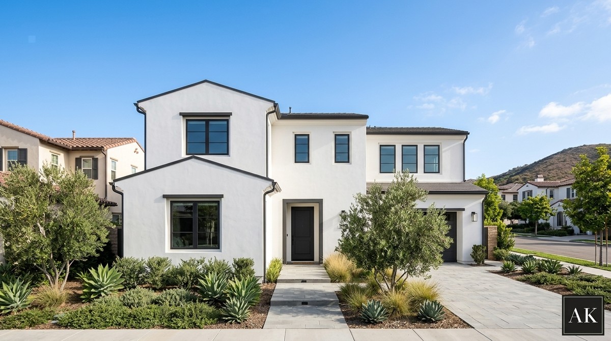 Modern white house with black trim, drought-tolerant landscaping, and a paved driveway in Rancho Bernardo.