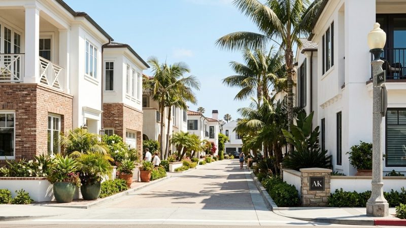 A sunny street lined with white and brick Southern California neighborhoods, palm trees, and lush green plants.