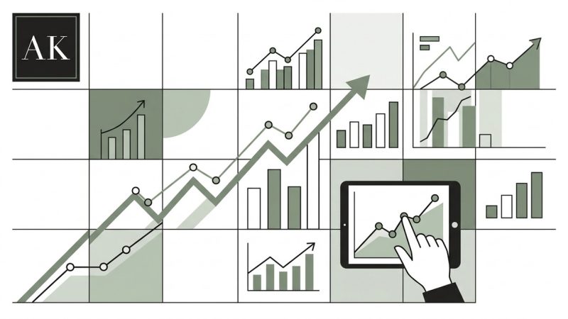 A grid of charts and graphs, with a large upward-trending line and a hand touching a tablet displaying a graph.
