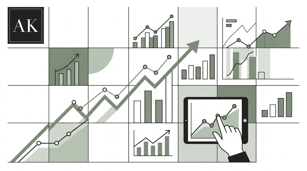 A grid of charts and graphs, with a large upward-trending line and a hand touching a tablet displaying a graph.