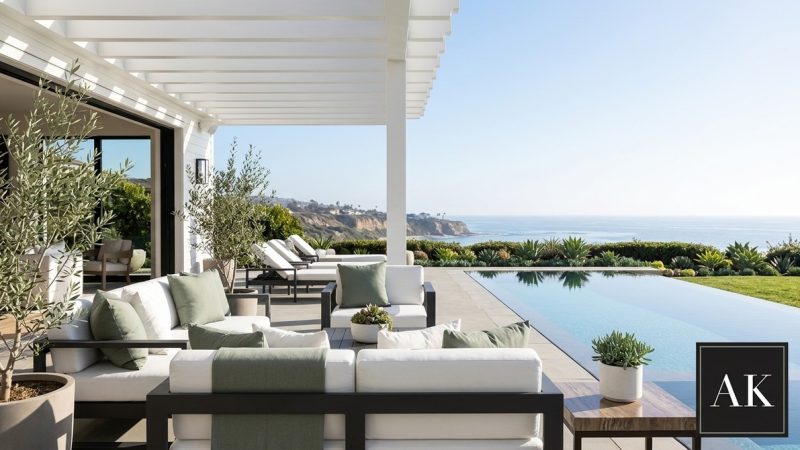Modern patio with white sofas, green pillows, infinity pool, and ocean view, showcasing coastal luxury real estate.