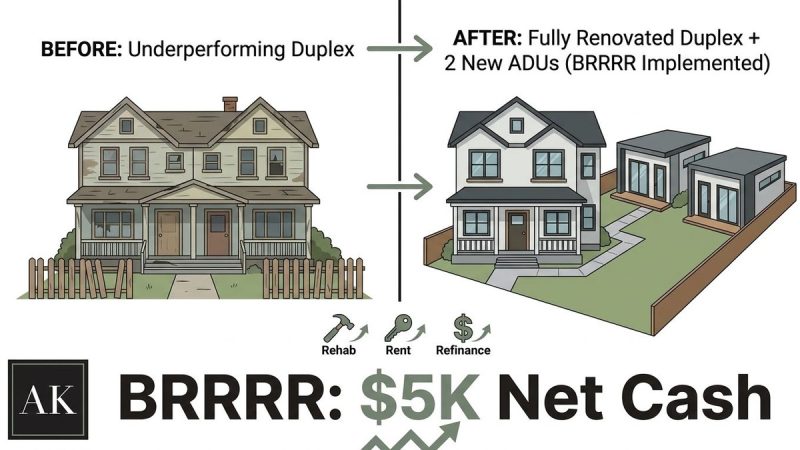 A dilapidated duplex transforming into a renovated home with two new ADUs, illustrating San Diego multifamily investing.