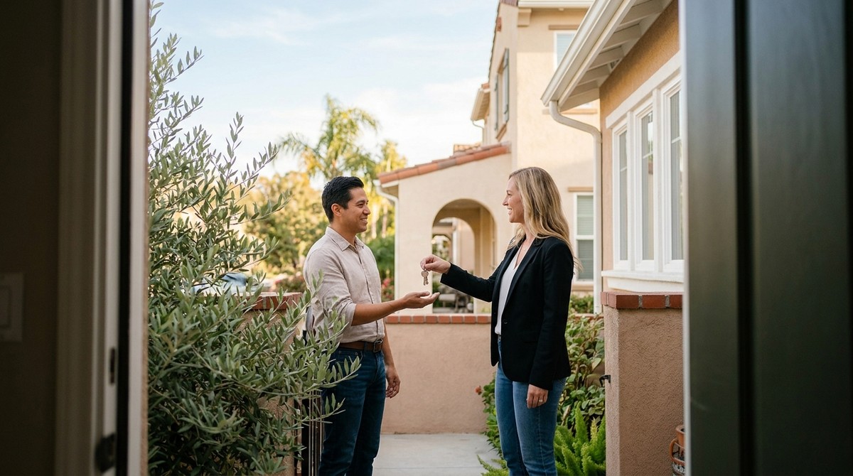 A smiling real estate agent hands keys to a happy man in front of a beige house.