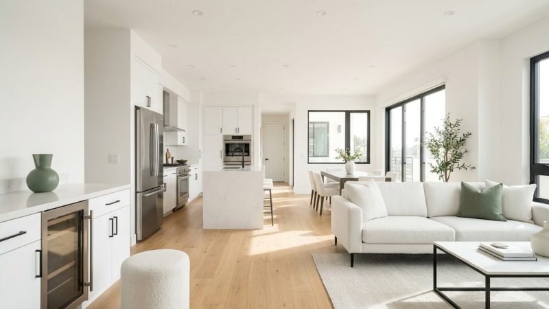 A bright, modern open-concept living room, kitchen, and dining area with white walls and light wood floors.